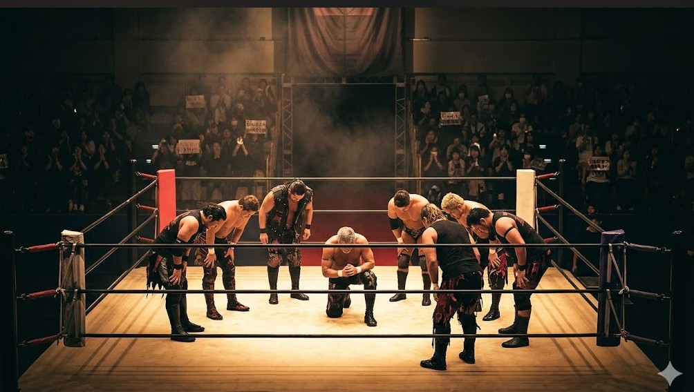 多くの観客が見守るプロレス会場のリング上で、黒いコスチュームを身にまとった日本人レスラーたちが中央のボスを囲んで一礼する鈴木軍の解散シーン