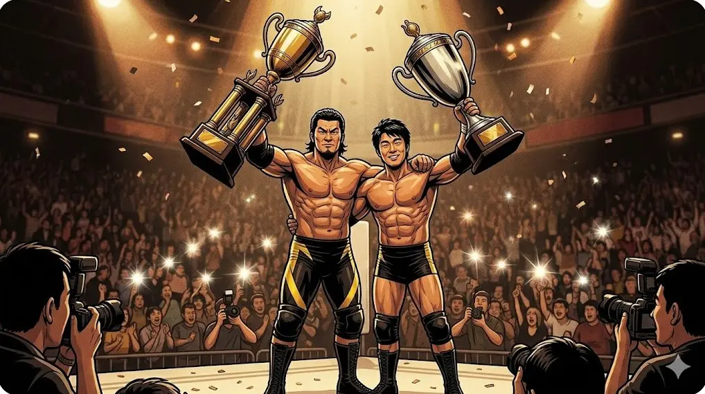 リング上で2人のプロレスラーが並んで優勝トロフィーを高く掲げている姿