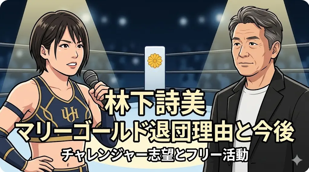 リング上でマイクを持つ林下詩美とロッシー小川のイラスト。「林下詩美マリーゴールド退団理由と今後 チャレンジャー志望とフリー活動」の文字が配置されたアイキャッチ画像。