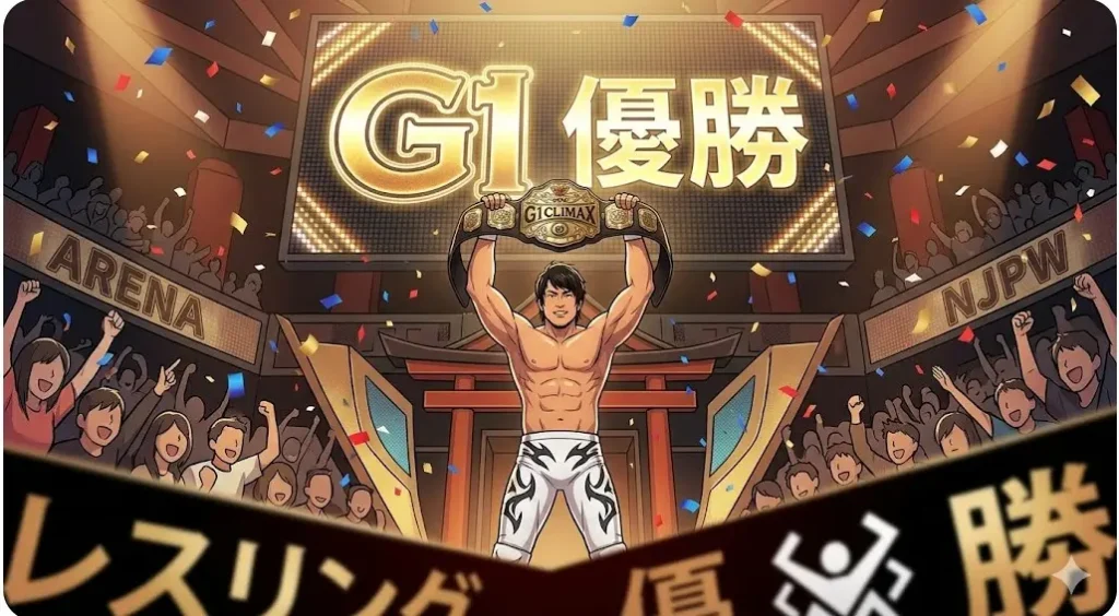 新日本プロレスのリングでG1優勝を果たし、ベルトを掲げて歓喜する竹下幸之介選手のイラスト