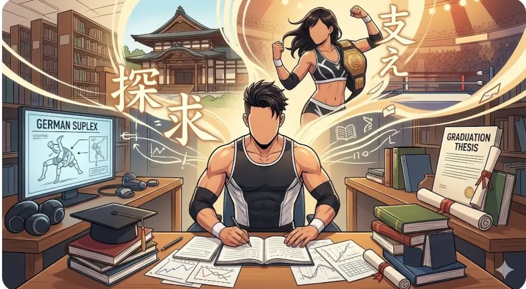 机に向かい努力する竹下幸之介選手と、背後で見守る坂崎ユカ選手のイメージイラスト