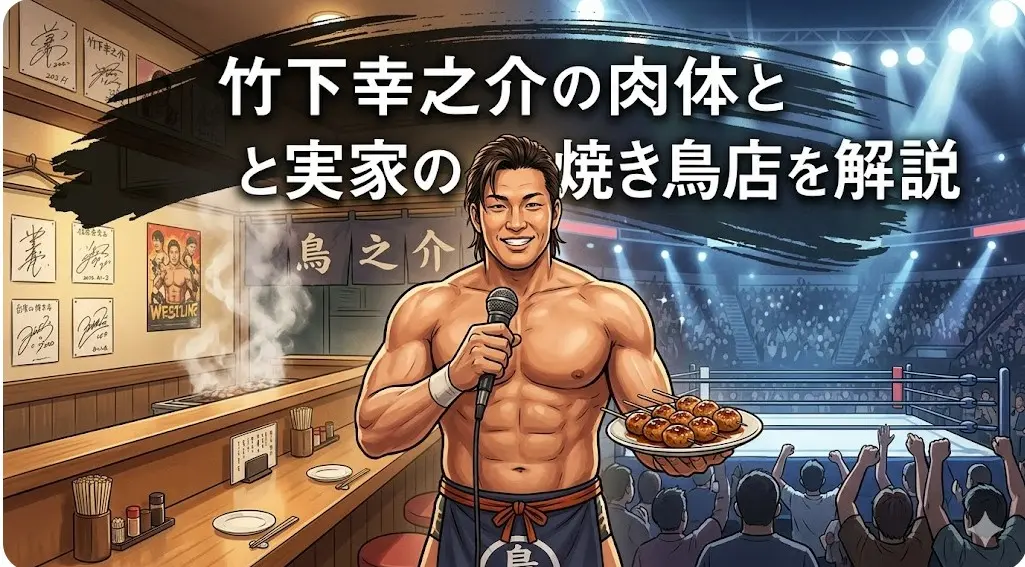 マイクとつくねを持つ竹下幸之介選手のイラスト。実家の焼き鳥店とAEWアリーナが背景。