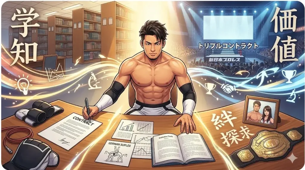 図書館でジャーマン・スープレックスを研究し、卒業論文を執筆する竹下幸之介選手のイラスト