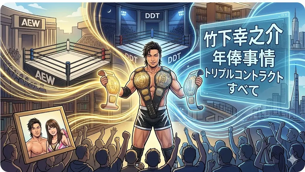 AEW、DDT、新日本プロレスの3団体リングが融合する中で、トリプルコントラクト契約書を掲げる日本人レスラーのイラスト。竹下幸之介選手の年俸と価値。