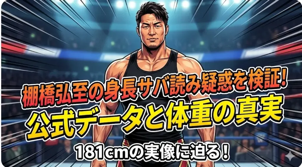 試合会場を背景に立つ筋肉質な日本人プロレスラーのイラスト。棚橋弘至さんの身長サバ読み疑惑と体重の真実を表現。
