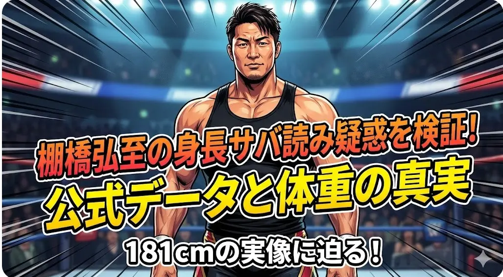 試合会場を背景に立つ筋肉質な日本人プロレスラーのイラスト。棚橋弘至さんの身長サバ読み疑惑と体重の真実を表現。