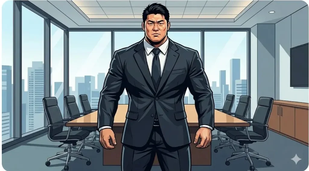スーツを着用し、新日本プロレスリングの代表取締役社長としてオフィスに立つ棚橋弘至さんのイメージ画像。