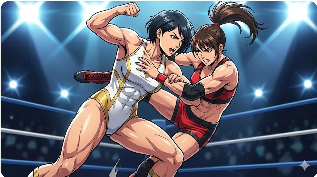 リング上で激しい戦いを繰り広げる2人の日本人女子プロレスラーのイラスト。青野未来とのワールド王座抗争を表現。