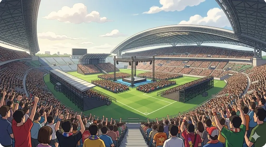 大規模な屋外スタジアムで開催されるプロレス大会と、熱狂する大勢の観客。