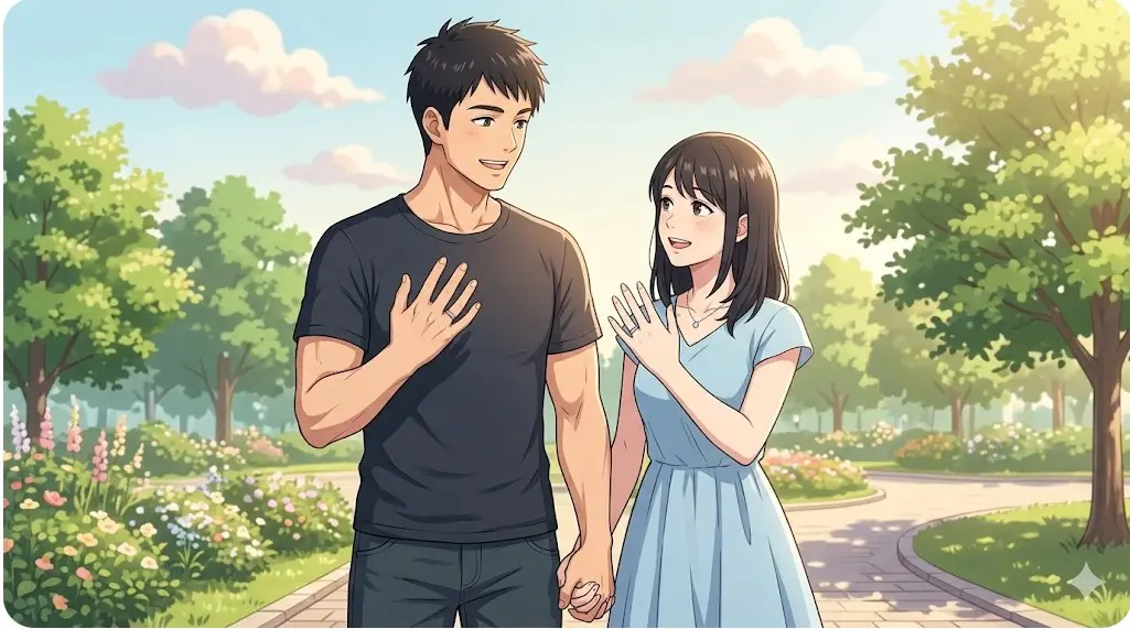 笑顔で婚約指輪を披露する日本人カップル。背景は晴れた日の緑豊かな公園。