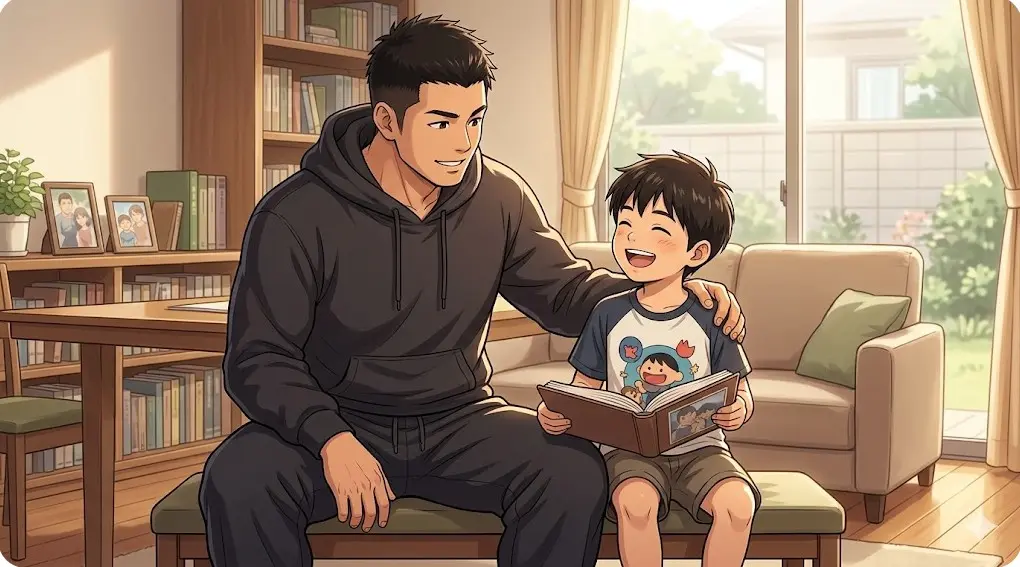 自宅のリビングでくつろぐ、日本人男性プロレスラーと小学生の息子。