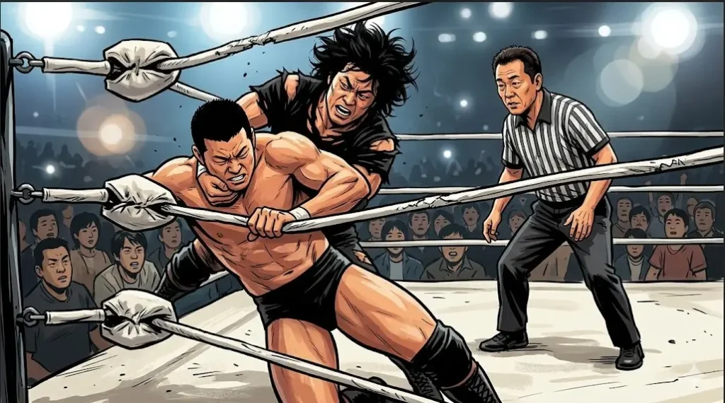 プロレスの試合で、レフェリーの手を掴んだり暴行を加えようとする悪質な反則行為