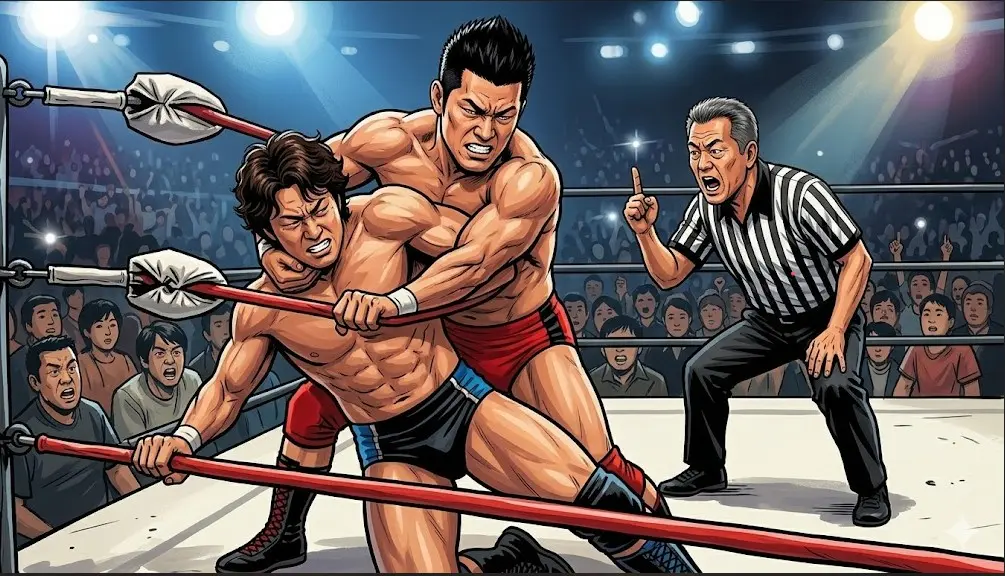 プロレスのデスマッチで、場外で凶器を持って戦う選手たちと、それを静観するレフェリー