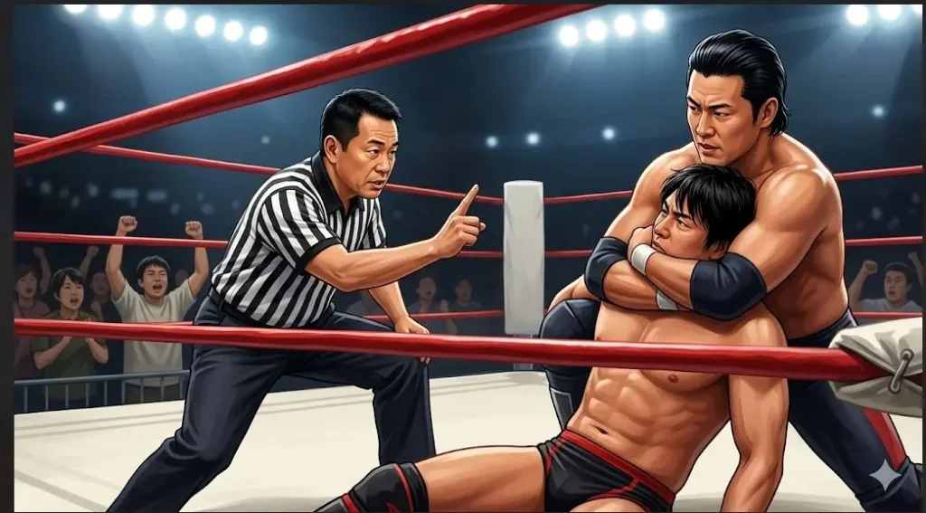 プロレスのリングで、日本人レフェリーが選手に対して人差し指を立てて反則をカウントし始めている場面