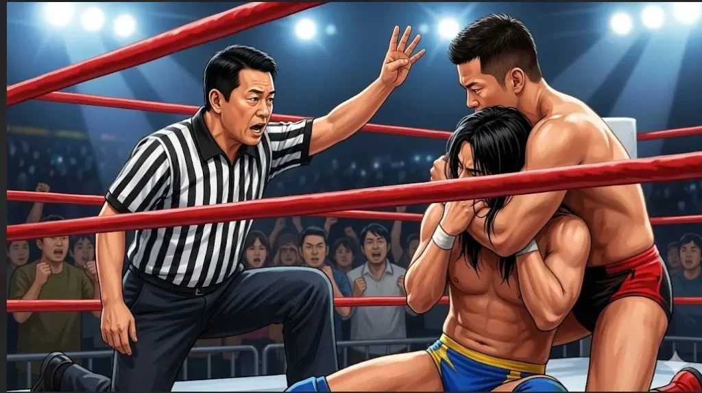 プロレスの試合で、レフェリーが指を4本立てて選手に反則カウントを強く警告している様子