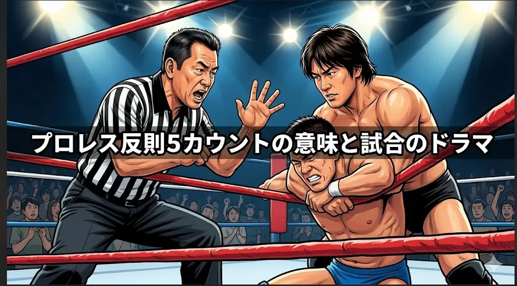 プロレスのリングで反則を続ける日本人レスラーに対し、日本人レフェリーが『5』と大きな声でカウントするイラスト。試合のドラマを表現。