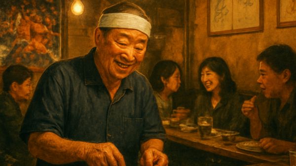 笑顔で焼き鳥を調理する職人と活気ある店内の様子