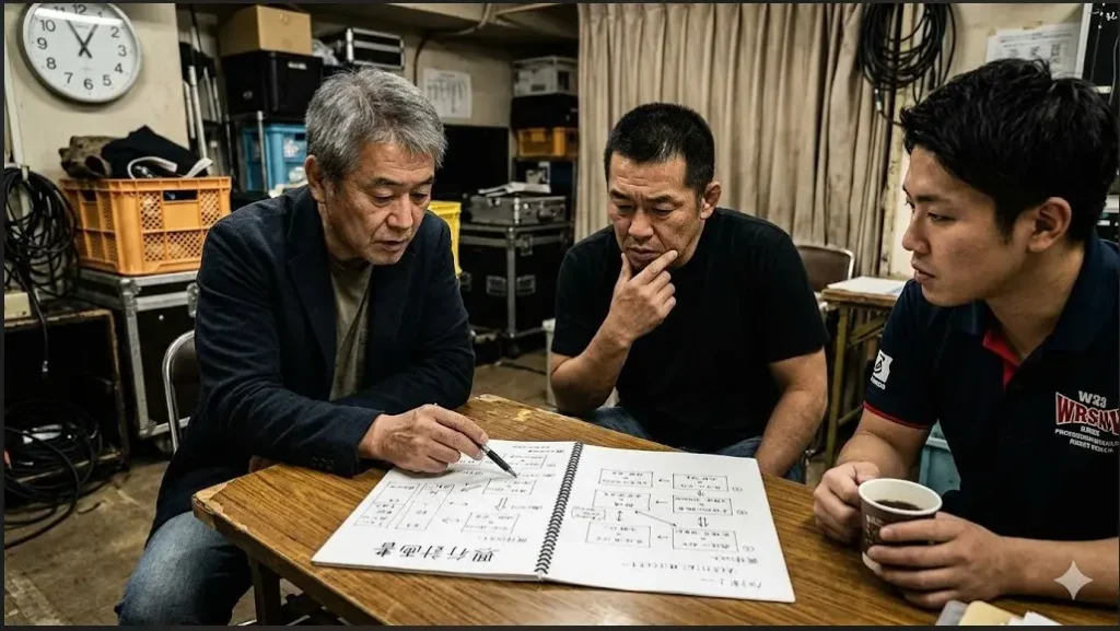 舞台裏で興行計画書（ブック）を前に打ち合わせをするプロレス団体のブッカーたち