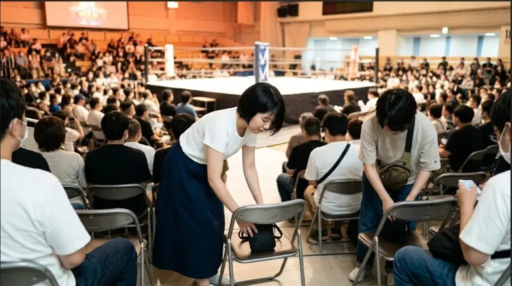 プロレス会場のパイプ椅子席でコンパクトなサコッシュを持つ女性