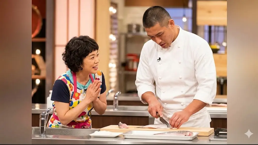 料理番組で魚をさばくウルフアロン選手とそれを見て喜ぶゆめっちさん