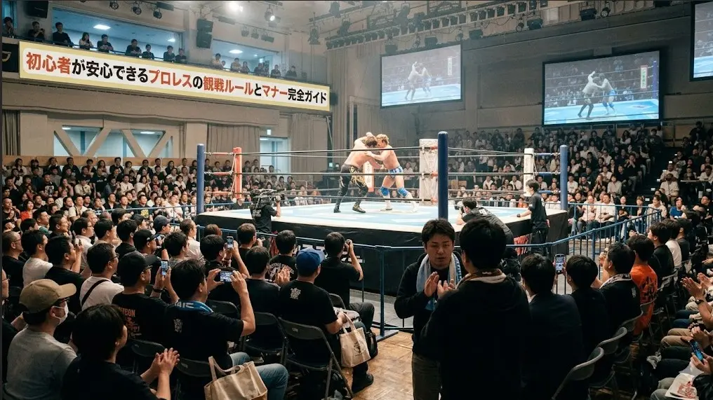 笑顔でプロレス会場に向かう日本人カップルのイラスト。ルールとマナー完全ガイドを表現。
