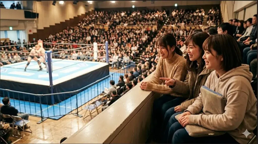 プロレス会場で笑顔で観戦するファン