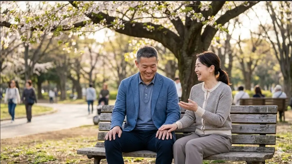 公園のベンチで笑顔で談笑する中年夫婦