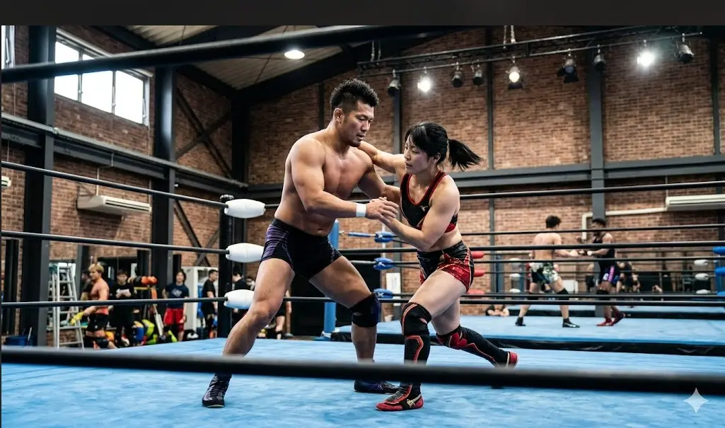 リング上でスパーリングをする男女のプロレスラー
