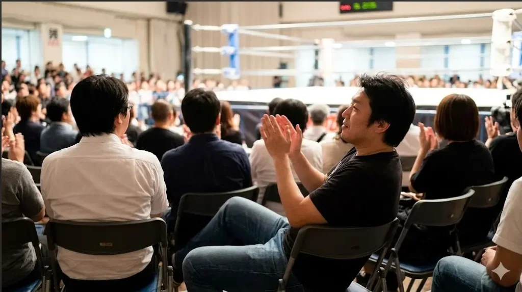 パイプ椅子に座り背もたれに背中をつけてプロレスを観戦する観客たち