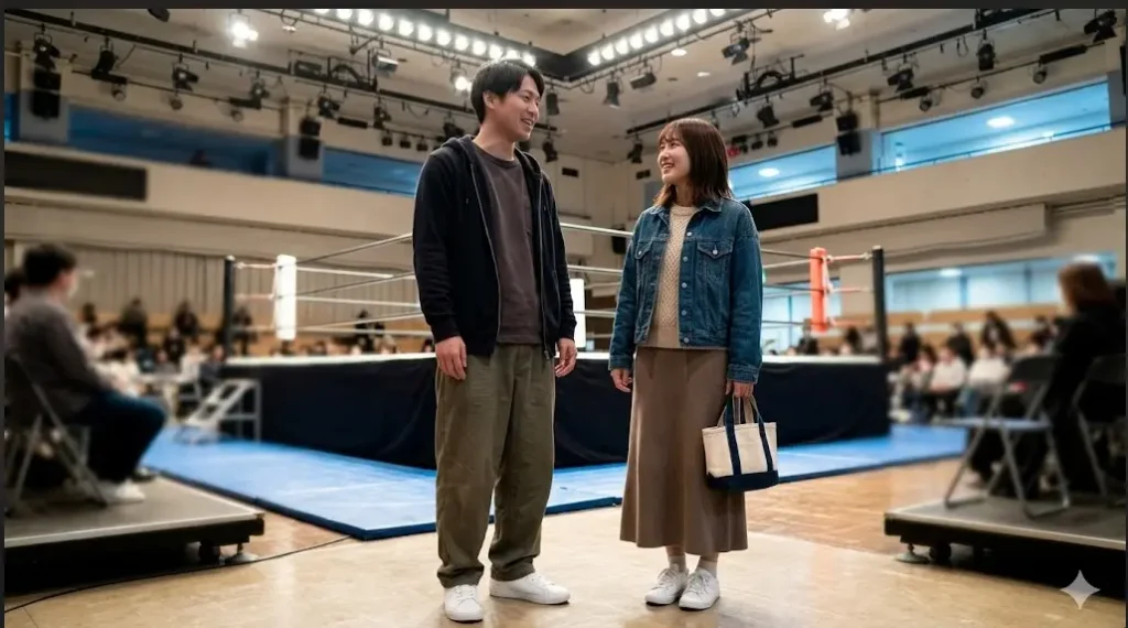 プロレス会場のリングの前に立つカジュアルな服装で小さなバッグを持った男女