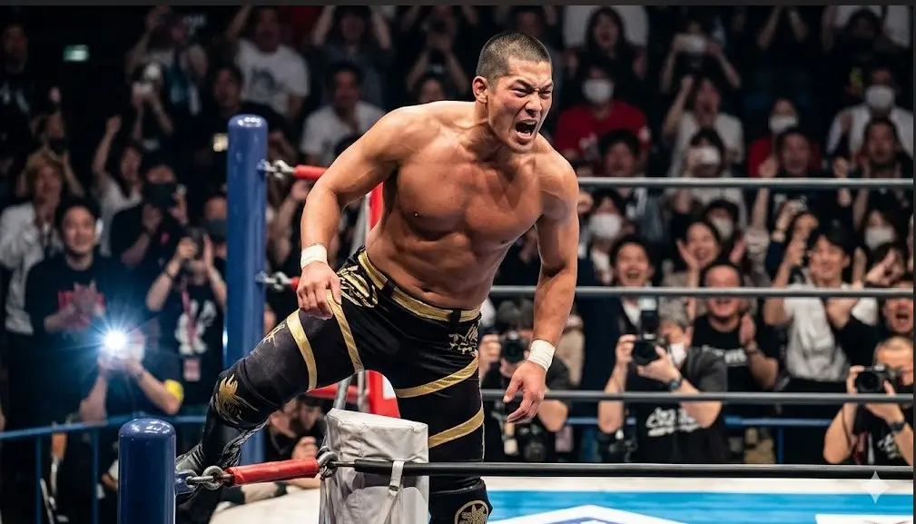 新日本プロレスのリング上で激闘を見せ雄叫びを上げるウルフアロン選手