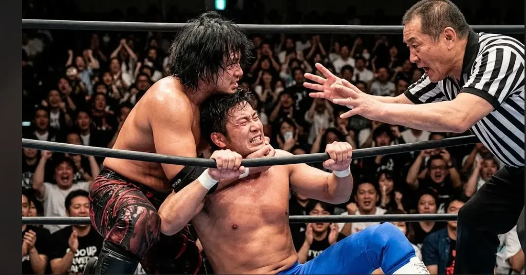 プロレス試合中にヒールレスラーが反則技をかけ、レフェリーが注意するシーン