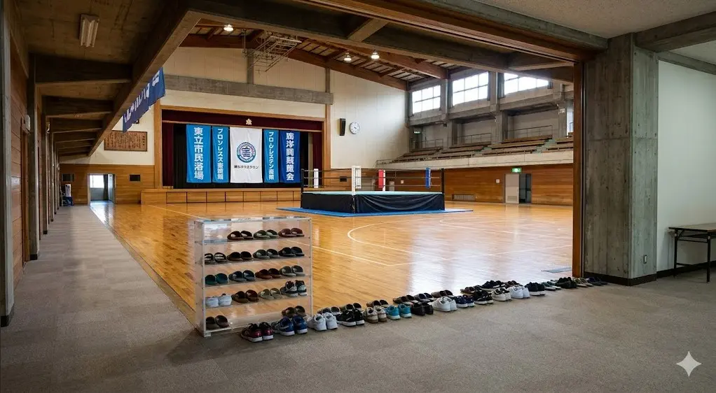 地方のプロレス興行が行われる体育館の入り口に並べられた靴とスリッパ