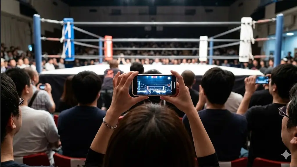 座席からスマートフォンを掲げてプロレスのリングを撮影する観客