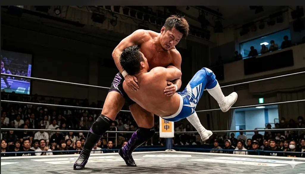 プロレスリング上で高度な投げ技（ワーク）を繰り出す2人のレスラー