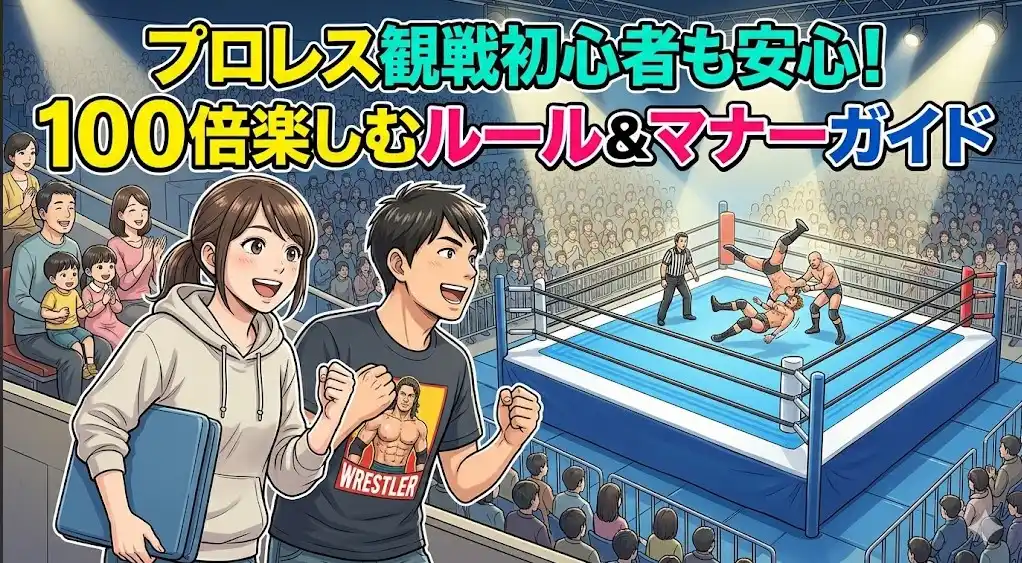 プロレス会場で笑顔で観戦する日本人ファンと、リング上で試合をする選手のイラスト。初心者向けのルールとマナーを紹介。