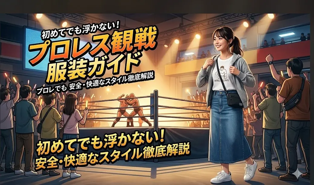 プロレス会場で笑顔を見せる日本人女性。Tシャツ、スニーカー、重ね着スタイルで安全・快適な服装を表現。試合の熱狂に集中するためのガイド。