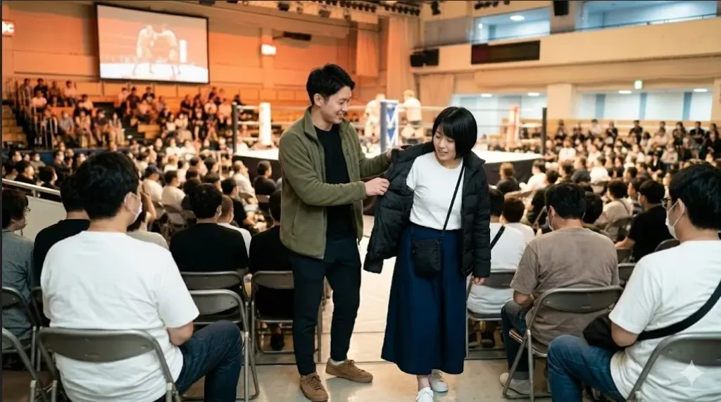 プロレス会場でダウンジャケットを脱ぎ着して体温調節する男女