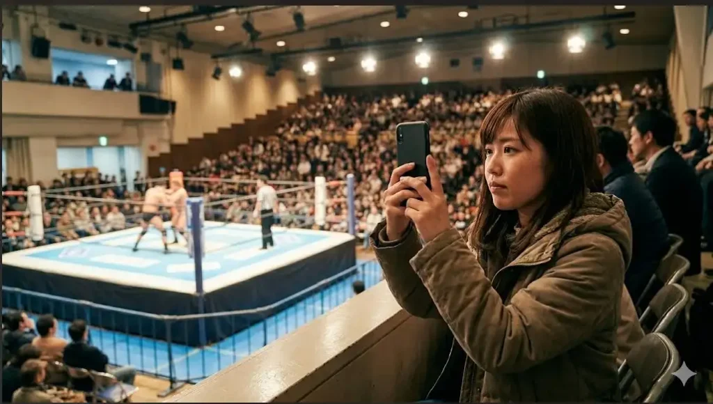 スマホで試合を撮影する女性ファン