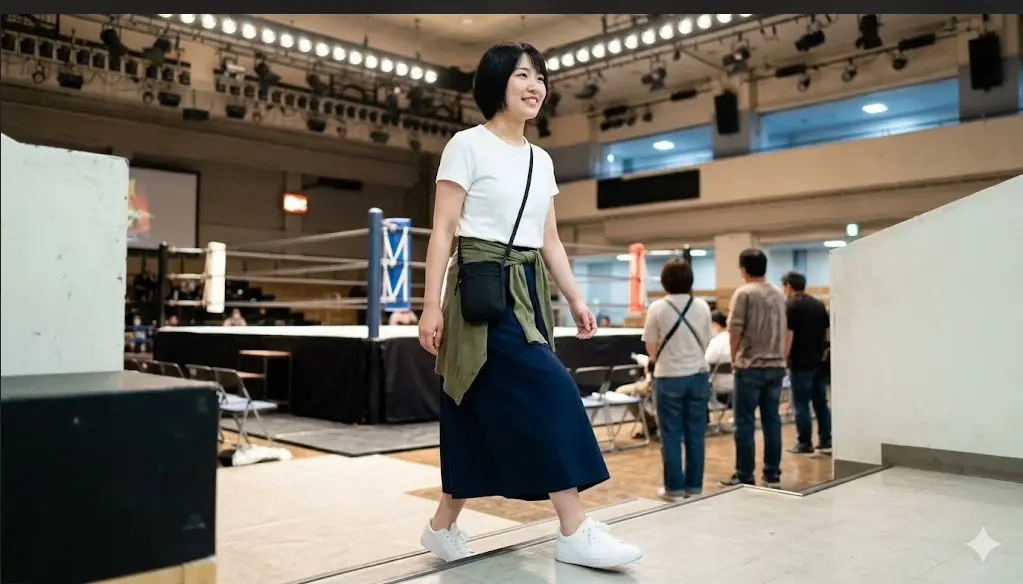 白Tシャツと紺のスカートにスニーカーを合わせた女性のコーディネート