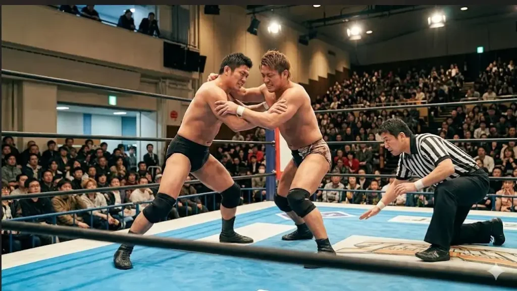 リング上で組み合うプロレスラーとレフェリー