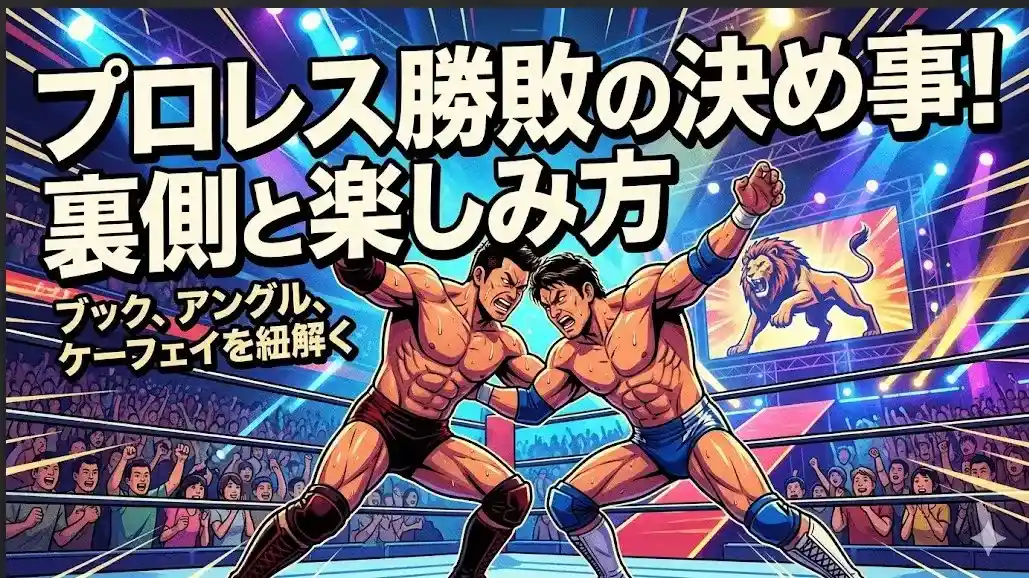 プロレス会場を背景に、日本人レスラー2人が技を掛け合うイラスト。ブック、アングル、ケーフェイなどの隠語と楽しみ方を解説。