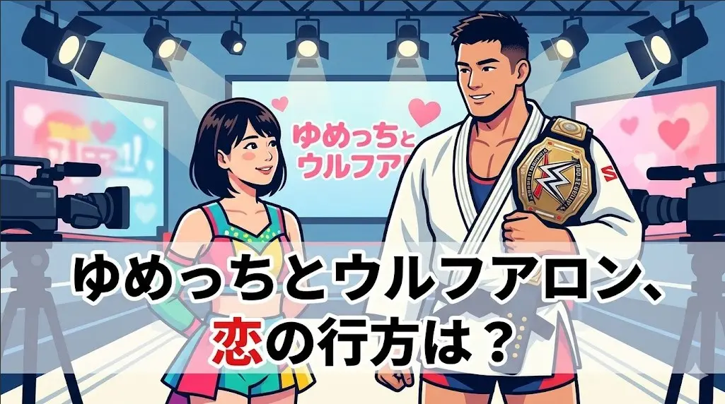 日本のバラエティ番組スタジオで、笑顔で並ぶ日本人タレントのゆめっちさんと、柔道着とプロレスベルト姿の日本人アスリート、ウルフアロン選手のイラスト。記事の見出しテキスト「ゆめっちとウルフアロン、恋の行方は?」が加えられている。