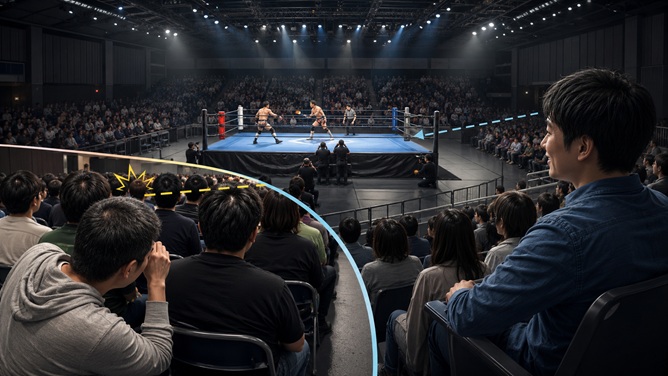 後楽園ホールのスタンド席からリング全体を見渡すプロレス観戦イメージ