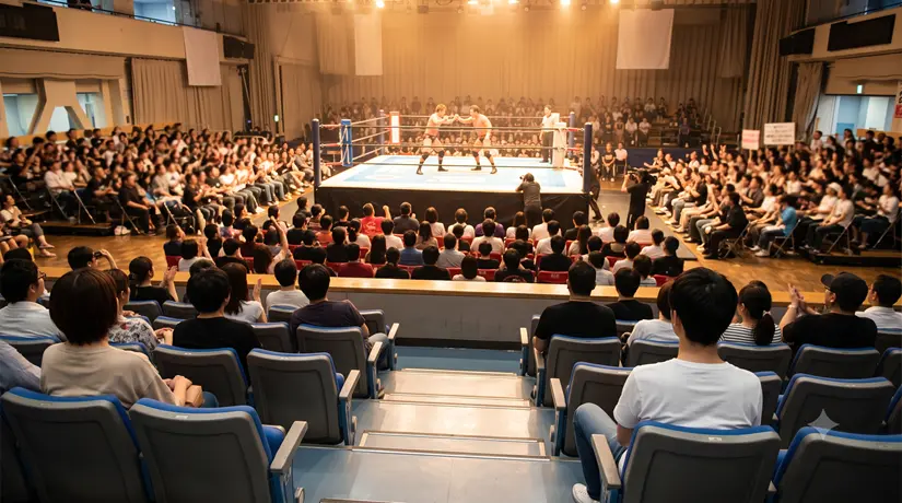 段差のある指定席からプロレスのリング全体を見渡す観客