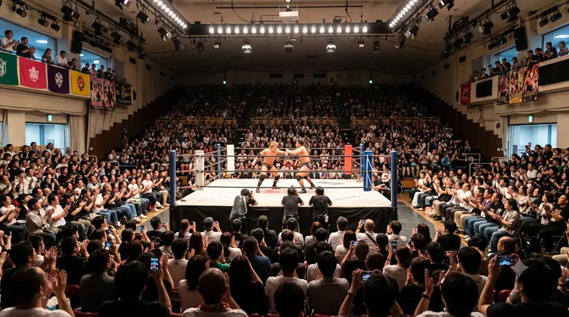 満員の中規模会場でリングを囲んでプロレスを観戦する観客