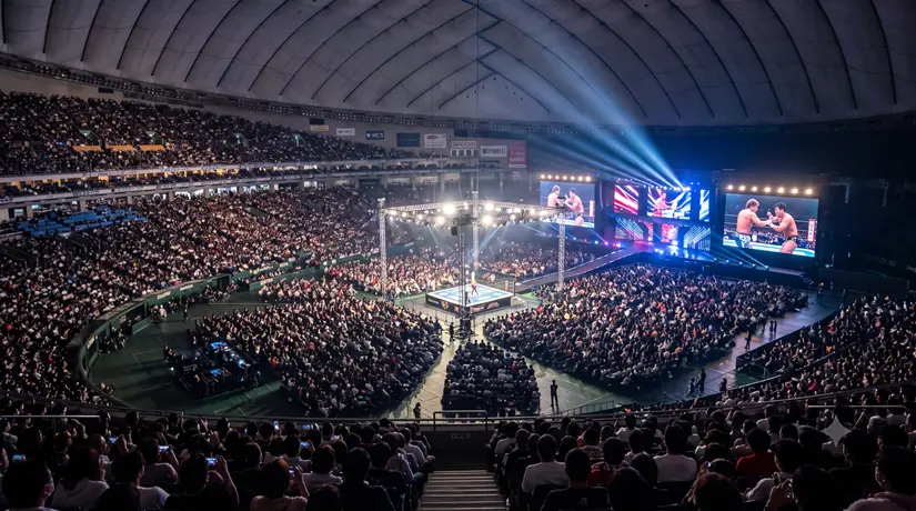 大規模なドーム会場のスタンド席から見たプロレスのリングと大型画面