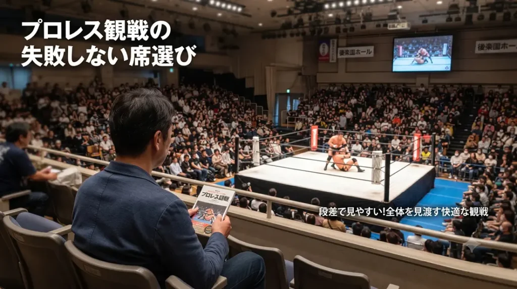 後楽園ホールのひな壇席からリング全体を見渡す日本人男性のイラスト。プロレス観戦の席選びを解説する記事イメージ。
