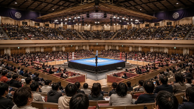 両国国技館のマス席と二階指定席からリングを見渡すプロレス観戦イメージ