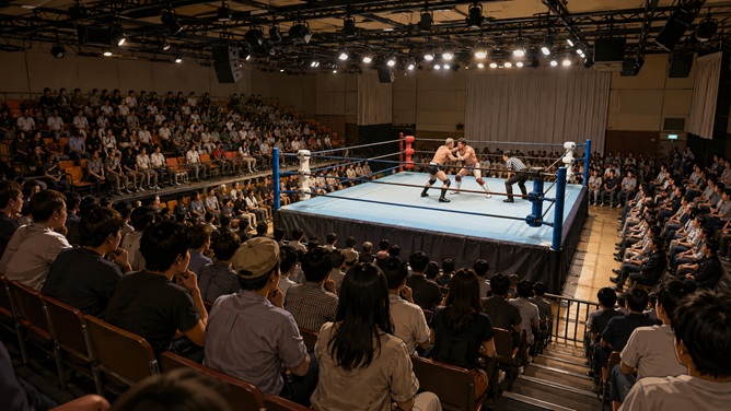 前方客で視界が遮られる席と段差席の見え方を比べるプロレス観戦イメージ